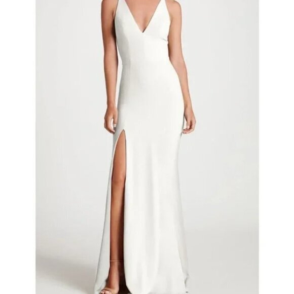 NEW Dress the Population Iris Crepe Plunge Side Slit White Maxi Gown - Picture 1 of 13